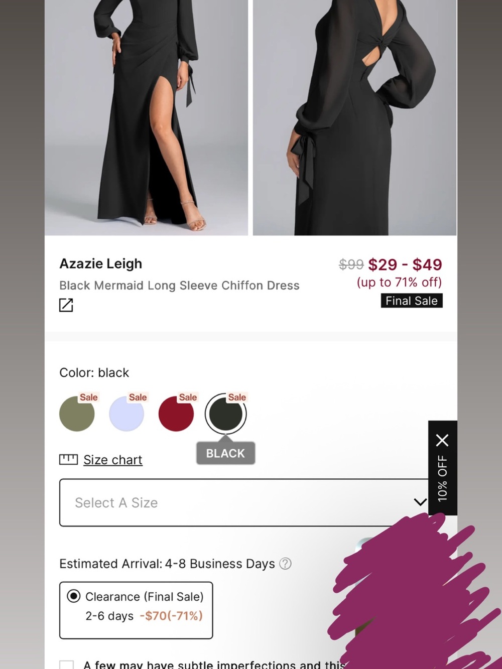 Azazie Black Long Sleeve Chiffon Gown with High Slit